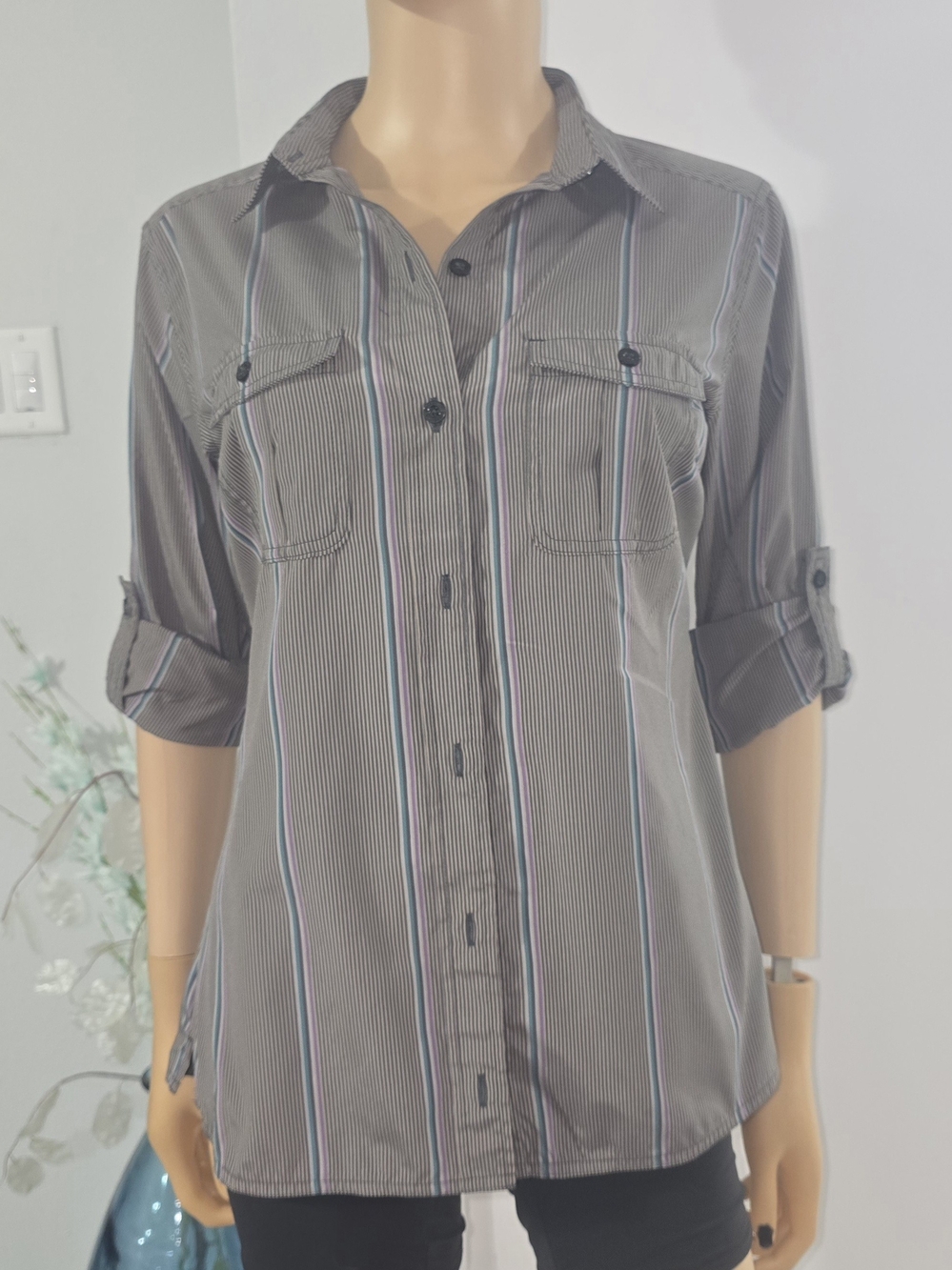 Patagonia Black Pinstripe Button-Down Shirt with Purple Accents